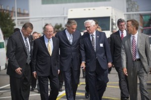 Alcoa Inc. Location Manager Ken McMillen, left, Sen. Lamar Alexander, Alcoa CEO Klaus Kleinfeld, U.S. Rep. John J. Duncan Jr., and Gov. Bill Haslam arrive for a groundbreaking for a $275 million expansion of the Alcoa Inc. rolling mill to produce automotive sheet aluminum on Thursday, Aug. 29, 2013, in Alcoa. (Paul Efird/News Sentinel)